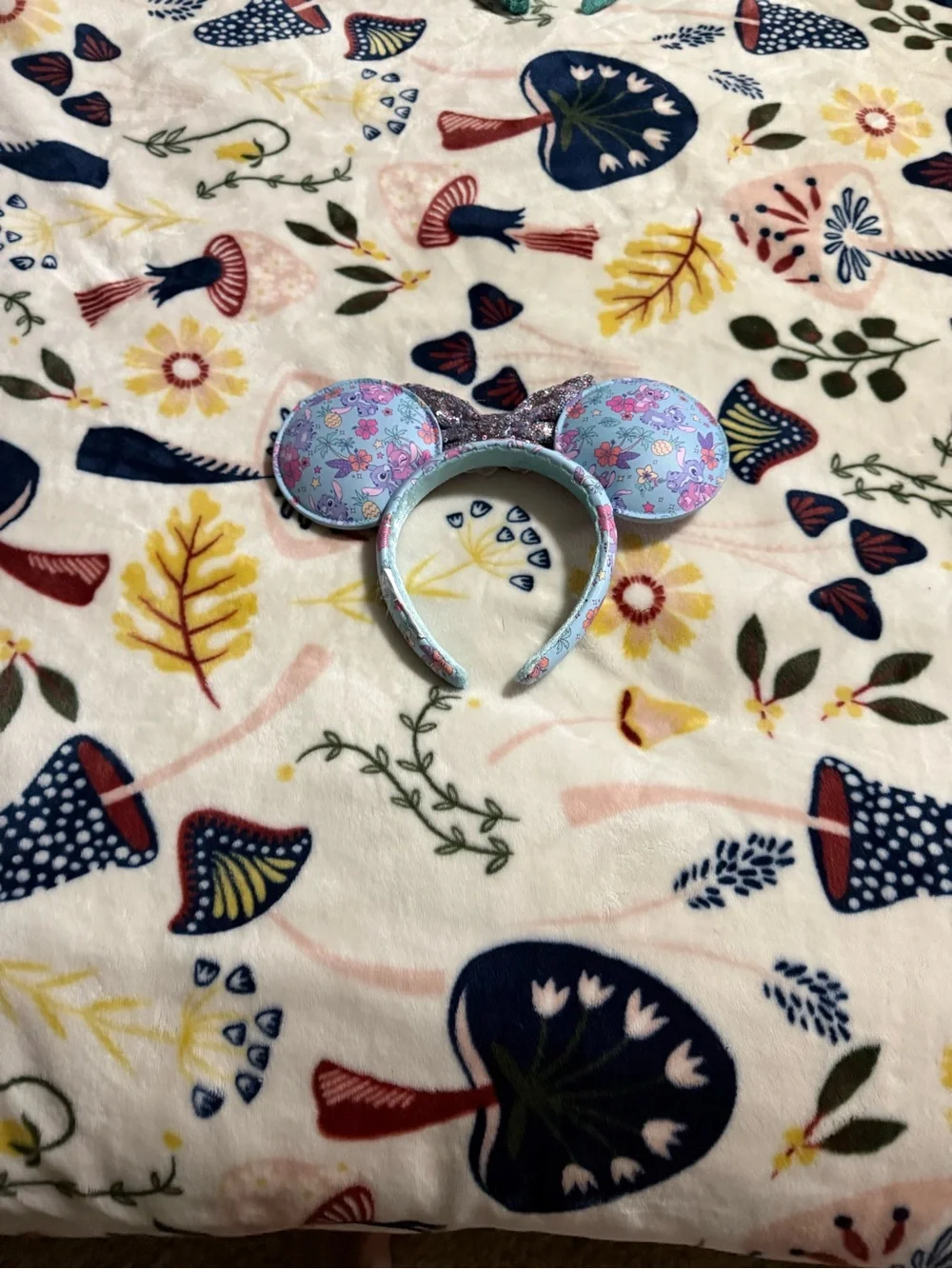 Disney OS Stich Minnie Ear Headband - Light Blue Floral with Purple Sequin Bow